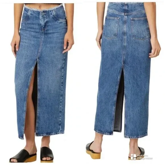 AllSaints NEW Cyra Maxi Blue Denim Jean‎ Skirt Frayed Waist Front & Back Slits - Picture 6 of 14